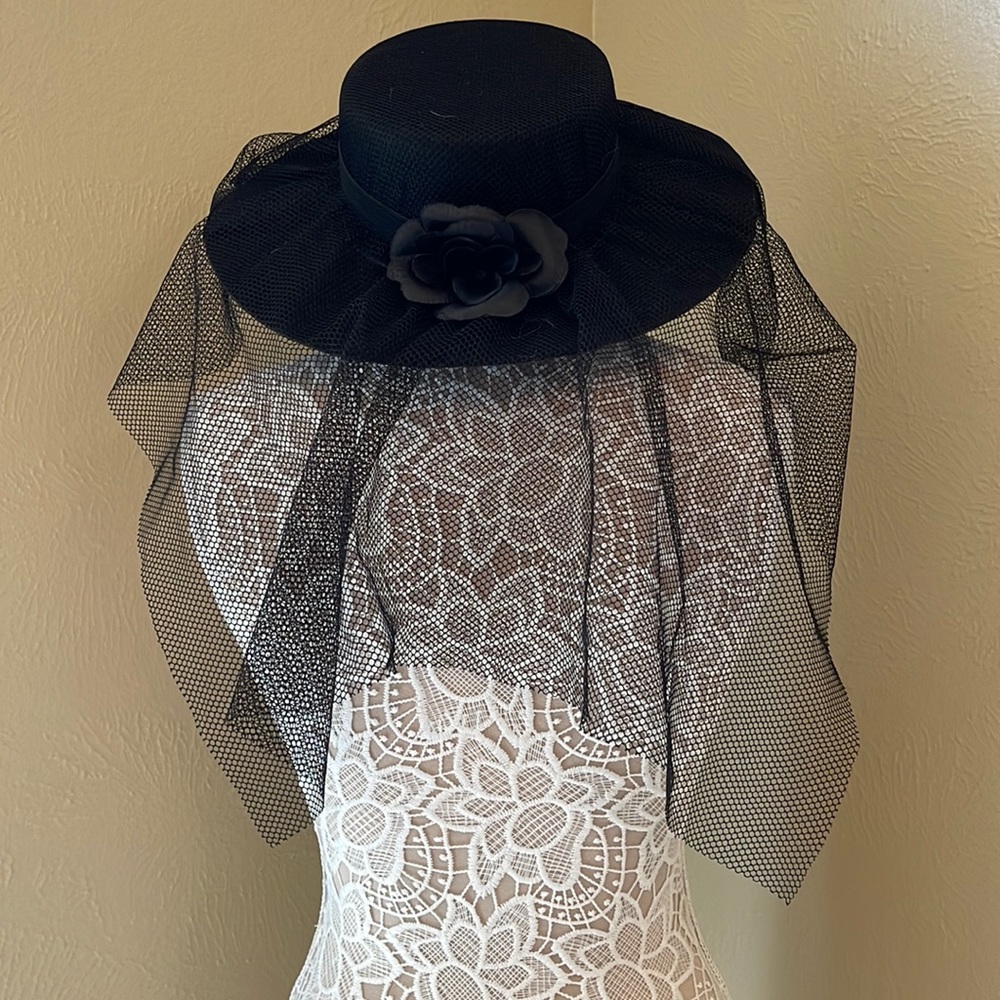 Worn once for a costume - great condition! Hat with lace veil.